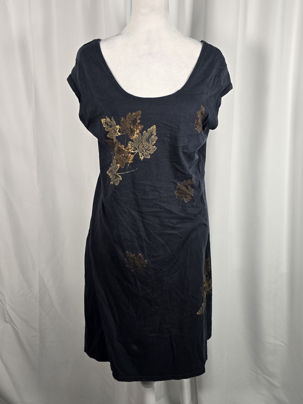 Gold Leaf Eco Print TShirt Dress Black Sz XL Boho Whimsigoth Summer Knee Length
